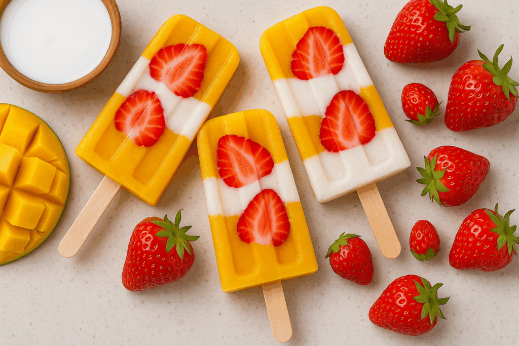 Helados de paleta de mango, coco y fresas