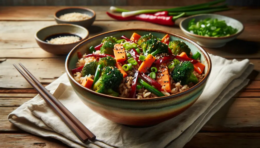 Arroz Integral con Verduras Salteadas y Salsa de Soja