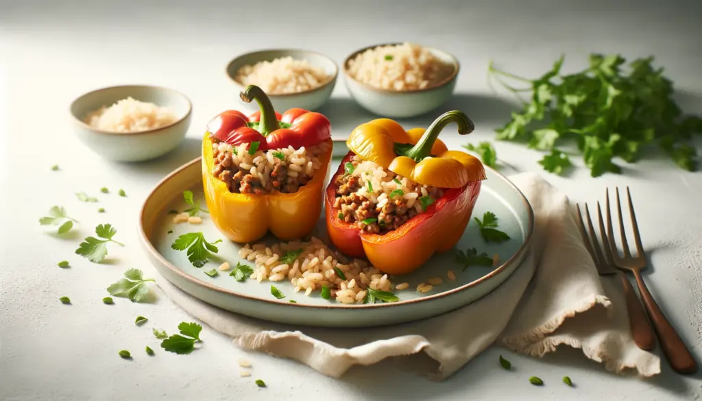 Pimientos Rellenos con Arroz Integral y Carne Picada Magra - 300 Calorías